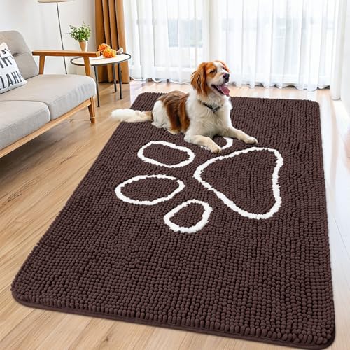 Image of Smiry Dog Door Mat for Muddy Paws, Absorbent Dirt Trapper Non Slip Quick Dry Washable Chenille Mat for Mud Dogs, Entry Rug for Indoor and Outdoor (59x32 Inches, Brown and White)