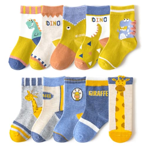 FedMois Calcetines Algodón Invierno de Niño y Niña Pack de 10, Dinosaurio y Jirafa, Talla 23-26