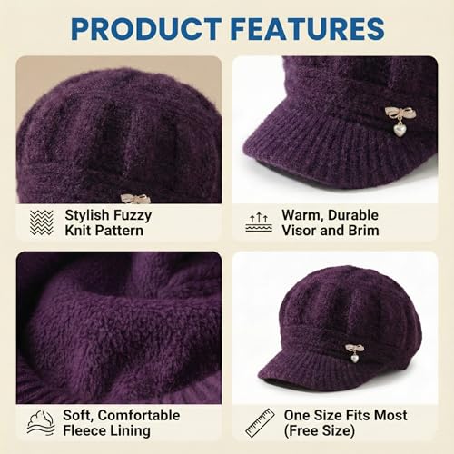 Image of Kraptick Women's Winter Knit Visor Beanie Hat with Soft Fleece Lining, Stylish Woollen Slouchy Warm Cap for Ladies, Snow Sun Shield Knit Cap for Winter -2