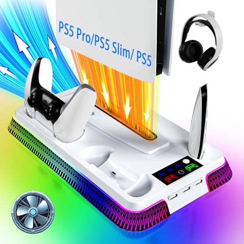 PS5 Stand for PlayStation 5 Console, PS5 Cooling Station &amp; Charging Station with RGB, PS5/Slim/Pro Controller Charger Incl.3 Level Fan,Headset, PS5/Slim/Pro Accessories Comes 3 USB Ports