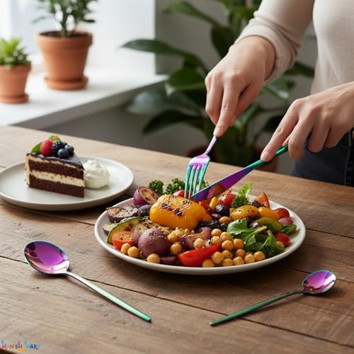 Image of Slim Handle Rainbow 12 Pcs Stainless Steel Cutlery Set for Dining Table, Dishwasher Safe Glossy Flatware (3 Spoon Set + 3 Forks Set + 3 Butter Knife + 3 Dessert Spoon)