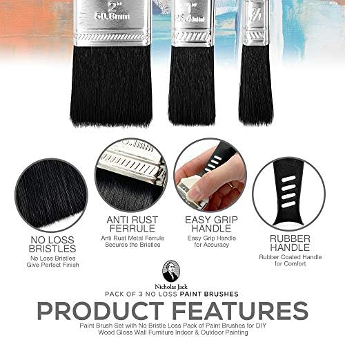 Paint Brush Set with No Bristle Loss Pack of Paint Brushes For DIY Wood Gloss Wall Furniture Indoor & Outdoor Painting - FREE Decorating Guide (Set of 3 Paint Brushes)