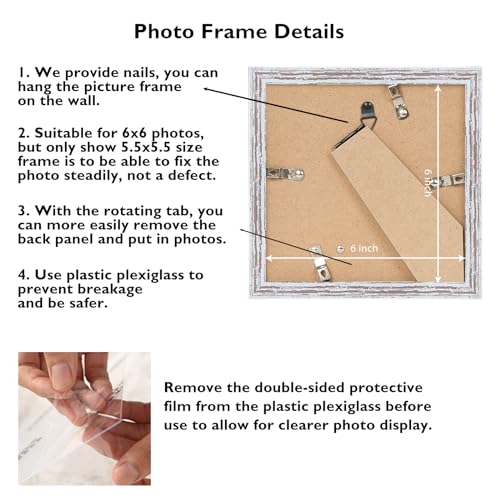 Image of JCJMY 6x6 Picture Frame for Wall Hanging or Tabletop, Wall Mounting Horizontally or Vertically, 6 x 6 Square Wall Gallery Poster Photo Frame with Shatter Resistant Plexiglass, Rustic White