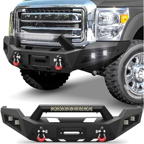 POFENZE 11-16 F250 Front Bumper Full Width Offroad Bumper w/Winch Plate, 144W Light Bar, 4x18w Lights, D-rings, License Plate Bracket for 2011-2016 Ford F250/F350/F450 Pickup Trucks Cover