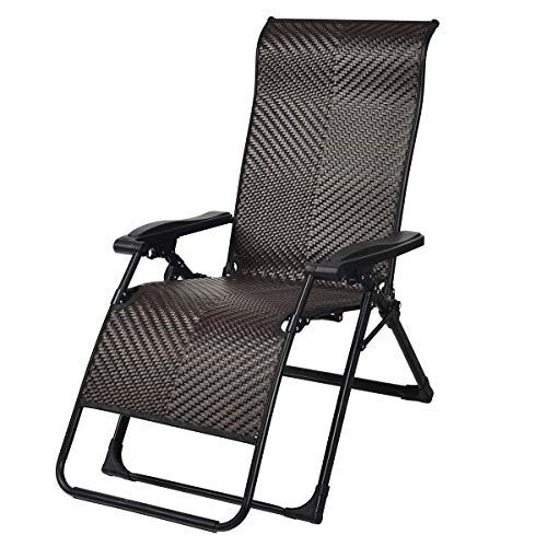 Tangkula Rattan Zero Gravity Chair, Outdoor Adjustable Folding Lounge Chair with Widened Armrest