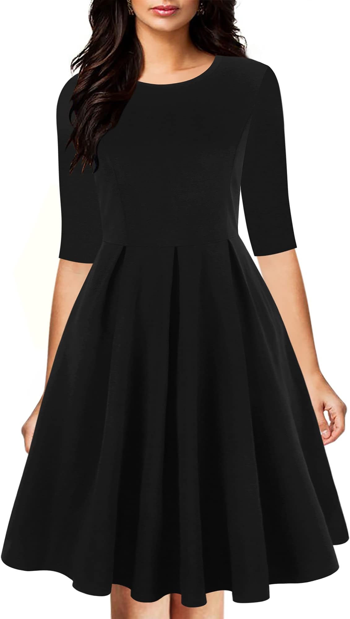 Women's Vintage Half Sleeve O-Neck Contrast Casual Pockets Party Swing Dress OX253