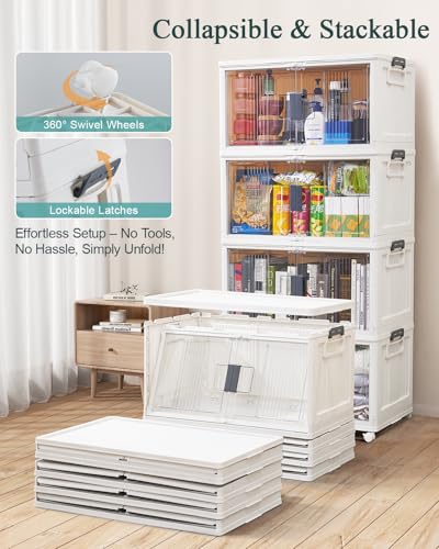 OlarHike 6 Pack 76QT Lockable Storage Bins with Lids - Folding Storage box with Doors and Wheels, Collapsible Plastic Storage Bins for Closets, Stackable Storage Organizer, Storage Containers