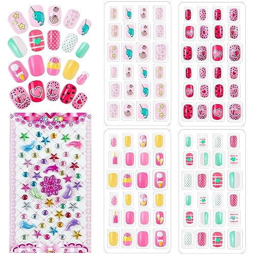 VZXQX Uñas Postizas para Niñas, 96 Piezas Uñas Postizas de Niñas a Presión con Pegatinas de Diamantes Imitación, Adhesivos de Uñas Cortas Acrílicas Artificiales Postizas para Niños Adornos Uñas