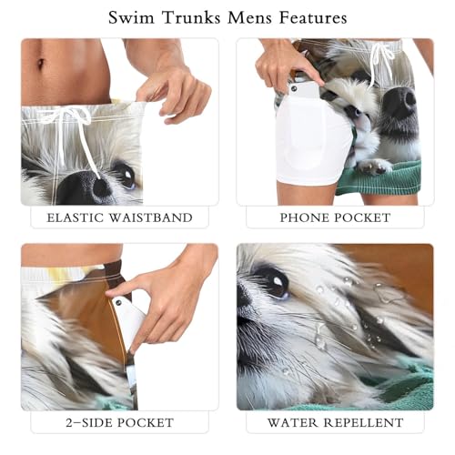 Mens Swim Trunks with Liner, Cute Dog Scarf Cool Quick Dry Beach Swim Shorts, Swimwear Bathing Suits S3