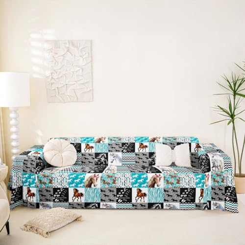 Homewish Funda protectora para sofá de estilo rústico con diseño de caballo occidental, diseño de flecha, verde azulado, cebra, a cuadros, 231 x 381 pulgadas, color blanco y negro