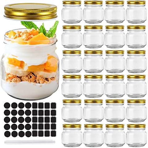 STARSIDE 24 Pack 8oz Glass Mason jars With Regular Mouth Lids, 250 ml Perfect Containers for Jam, Honey, Candies,Wedding Favors, Decorations, Baby Foods. Included 1 Pens and 80 Labels. Cover