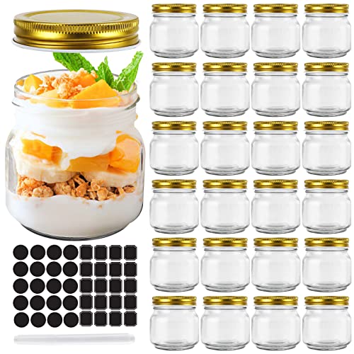 24 Pack 8oz Glass Mason jars With Regular Mouth Lids, 250 ml Perfect Containers for Jam, Honey, Candies,Wedding Favors, Decorations, Baby Foods. Included 1 Pens and 80 Labels.
