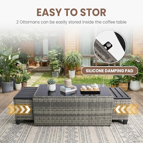 FHFO 7 Piece Patio Furniture Set, Outdoor Sectional Furniture Wicker Conversation Sofa Set, Includes 3-Seater Sofa, Loveseat, Single Sofa, Tempered Glass Coffee Table, Ottoman (Grey/Beige) - Image 5