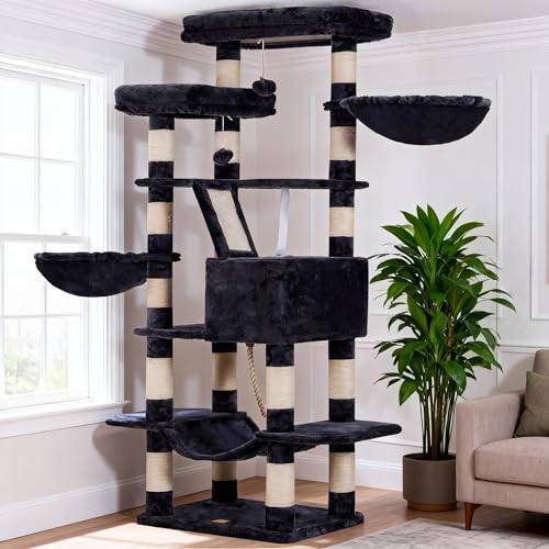Image of Heybly Cat Tree, 68 inch Multi-Level Cat Tower for Indoor Cats HCT025G | Cat Condo with 2 Widened Plush Perches, 2 Cozy Baskets, Scratching Board and Big Caves, Smoky Gray