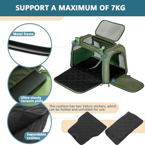 Petsfit Transportbox Hund Katze Faltbar Hundetasche für kleine Hunde Katzen Tragetasche mit verstellbarem Schultergurt & weiches expandierbare Kissen, M/Olivgrün