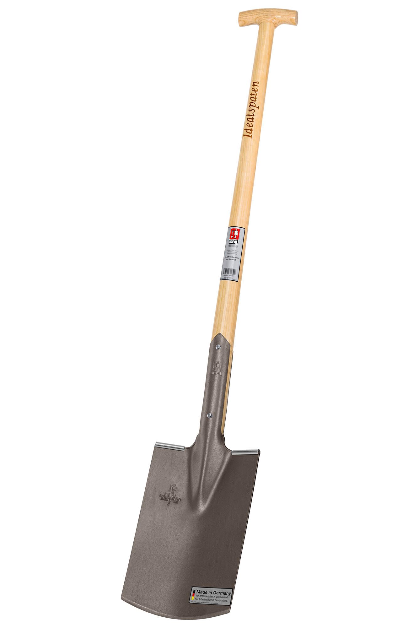 IDEAL-Bauspaten Gärtner Form | für mittelfeste, leicht steinige Böden | gestrahlter Doppelfederspaten, selbstschärfend, mit Tritt, Eschen-T-Stiel 85 cm