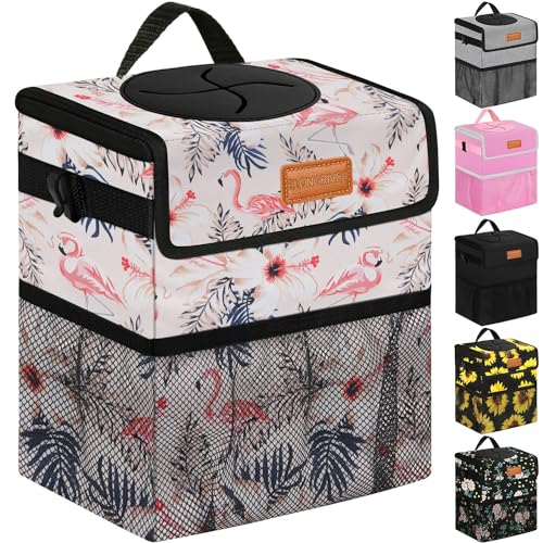 Image of ELONGRIVER Car Trash Can Bin for Back Seat Leak Proof, Cute Car Trash Bag Hanging, Vehicle Trash Can for SUV Truck Van, Automotive Garbage Cans Front Seat Flamingos, 2 Gallons