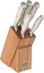 BLACK+DECKER Jogo de Facas e Cepo 6 Peças Zenith Pro - Lâminas em Aço Forjado com Cabos Ergonômicos na Cor Branca e Cepo em Madeira