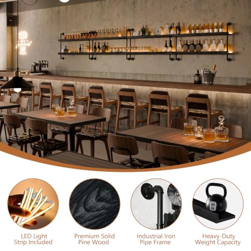 Image of Bar Shelves, Wall Mounted Wine Rack, Black, 36 Inch | 2 Tier, Industrial, Solid pine shelves, black pipe brackets, 40 lbs per shelf, wine, liquor, bar decor, with LED light