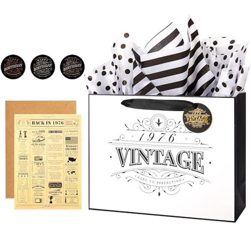 Crisky 13 50th Birthday Gift Bag (Vintage 1976) with Greeting Card Envelope Sticker and Tissue Paper for Women/Wife/Sister/Mom/Aunt/Friends 50th Birthday Gifts Decorations