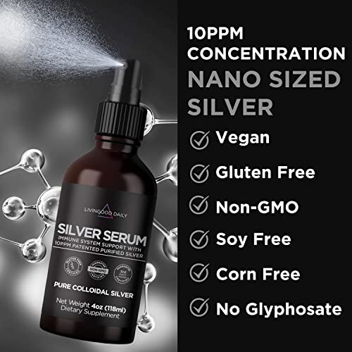 Livingood Daily Silver Serum, 4 Fl Oz - Colloidal Silver Spray 10Ppm - Pure Colloidal Silver For Immune Support, Oral, And Topical Use - Silver Colloidal Liquid Supplement - Purified Silver, 50Mcg #TOP1