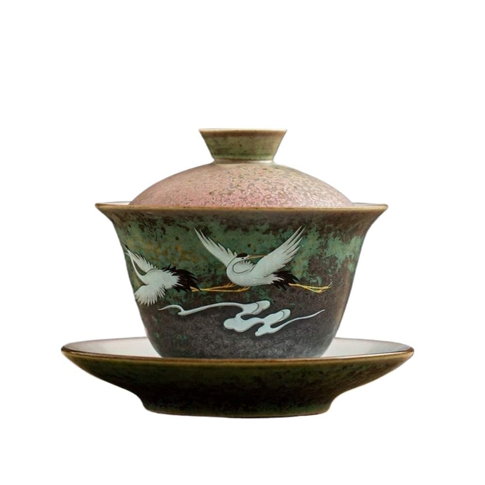 Chińskie filiżanki do herbaty, chiński zestaw do herbaty, ceramiczna retro miseczka do herbaty Gaiwan o pojemności 140 ml, ręcznie malowana waza z wzorem żurawia, ceremonia herbaty Kung Fu