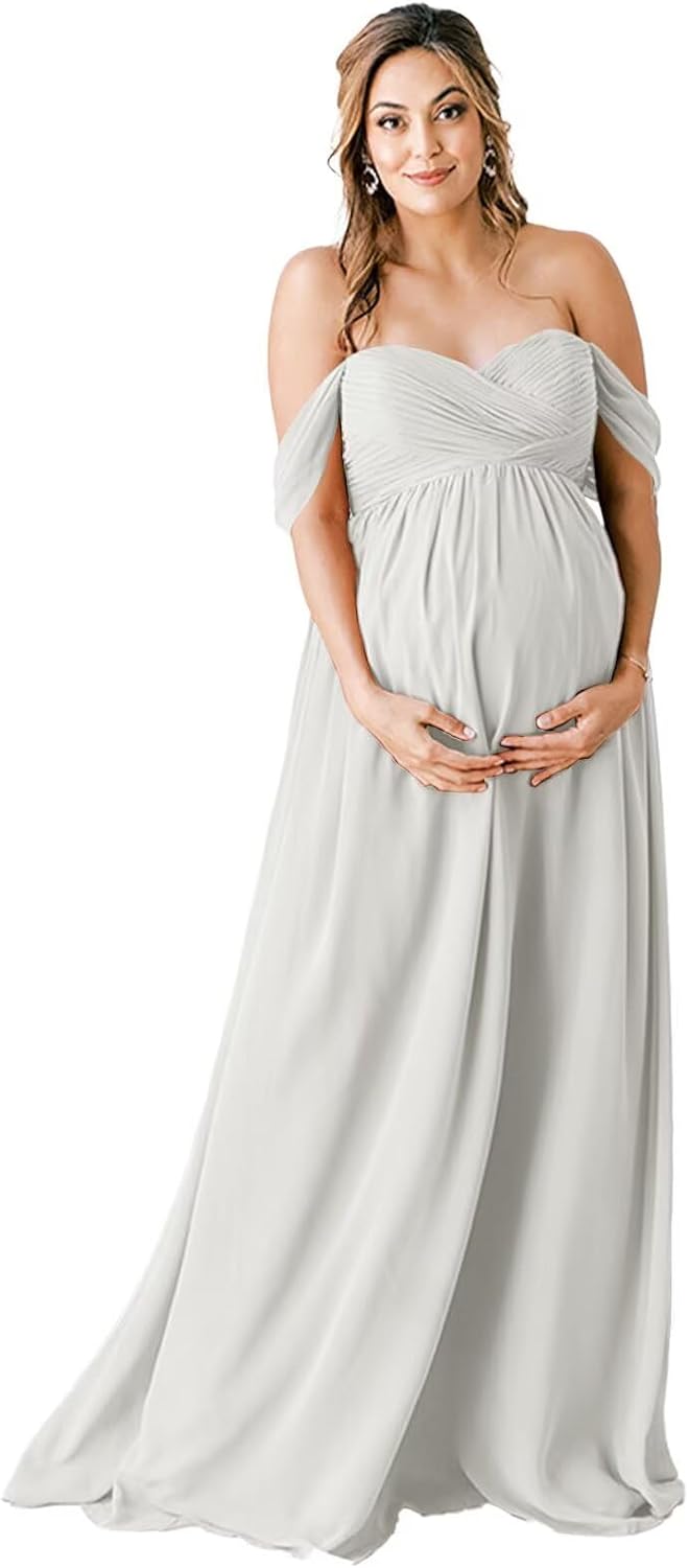 Zepumen Off Shoulder Maternity Dress for Baby Show Chiffon Robe Pregnancy Photoshoot Dress for Photography