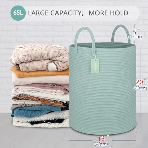 Image of Large Cotton Rope Laundry Hamper for Clothes 65L, Light Green