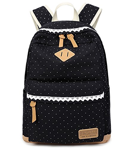 Preisvergleich Produktbild 5 ALL Fashion Mädchen Schulrucksack Damen Canvas Rucksack Teenager Baumwollstoff Schultasche Outdoor Freizeit Daypacks mit Schicker Lace QXT-6066 (Schwarz)