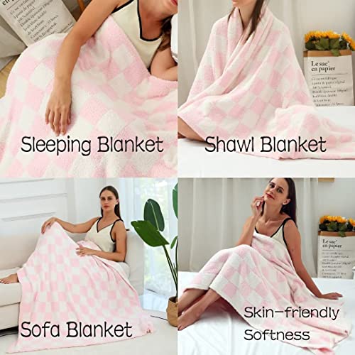Fuzzy Checkered Throw Blanket Pink Reversible Throw Blankets Decorative Plaid Blanket - Super Soft Warm Cozy Microfiber Blanket For Chair, Sofa, Couch, Bed, Camping, Travel (51''X63'', Blush Pink) #TOP4