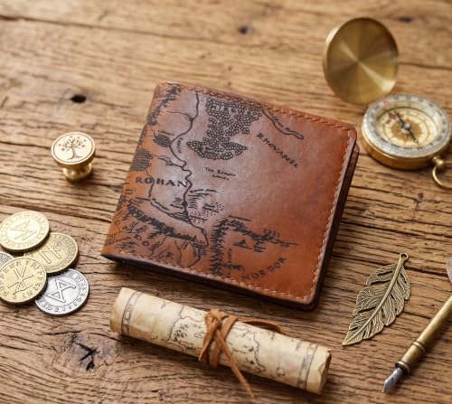 Image of Vintage Handmade Mens Wallet - Genuine Leather Bifold with Map Engraving, Customizable Gift - 7WA