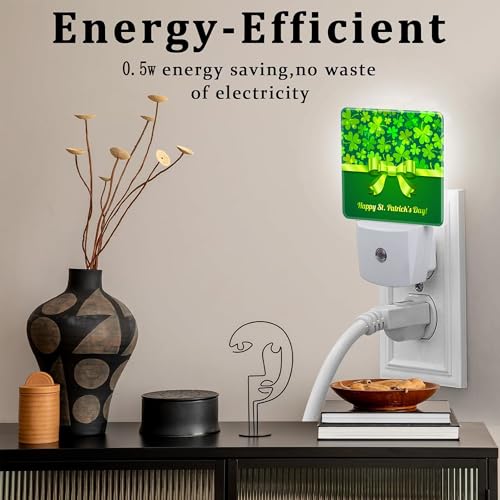 Image of Happy St Patrick's Day Night Light Plug into Wall,Green Saint Patrick's Shamrock Dusk to Dawn Night Light Plug in,0.5w Energy Saving Sleep Friendly NightLight for Kids Boys Girls Home Decor