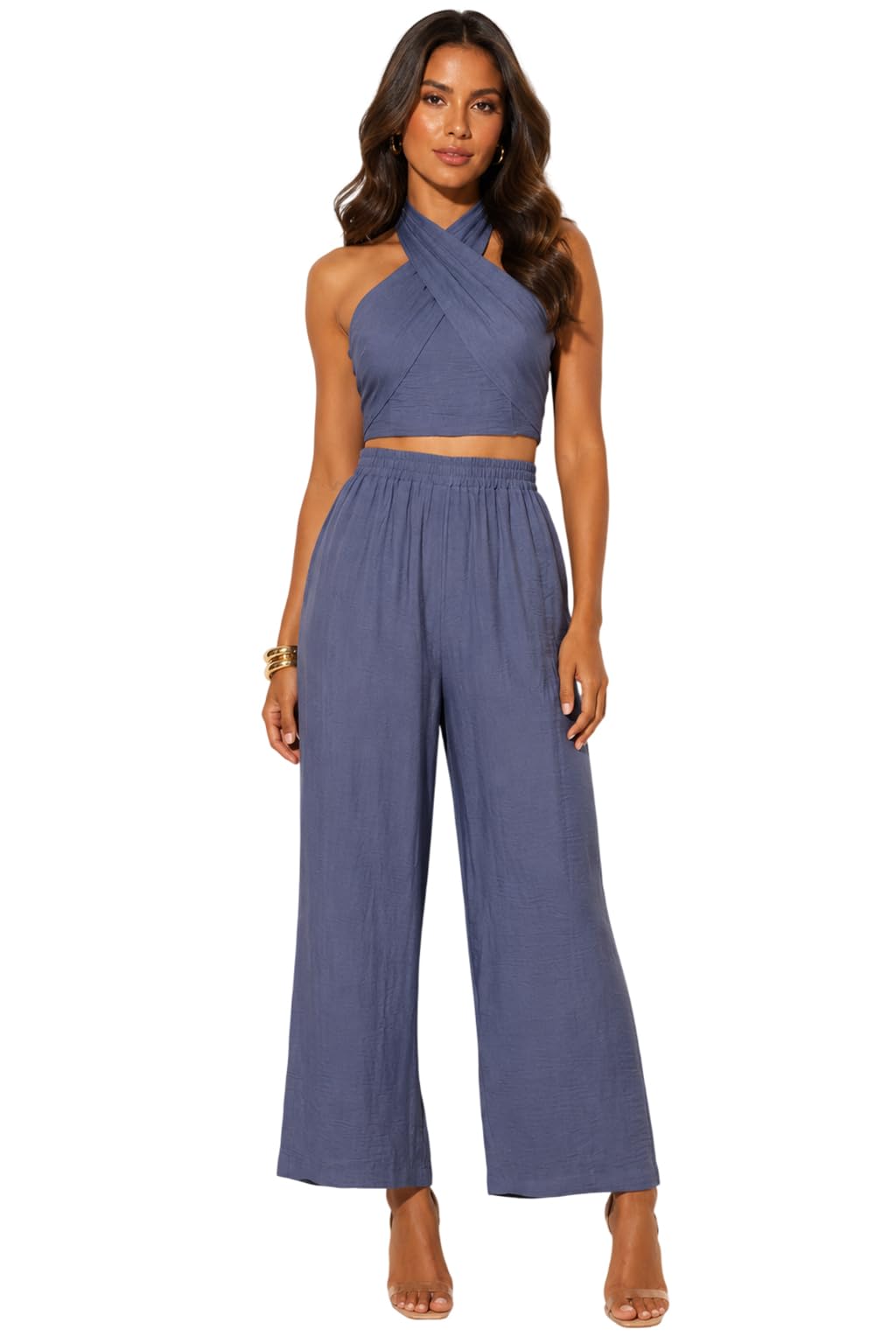 Womens Linen Blend Co Ord Halter Crop Top Wide Leg Pants Summer Set-image-49