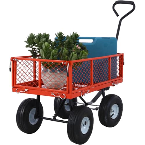 Garden Wagon, 2025 Upgrade Utility Cart with Removable Mesh Sides, 550 lbs Capacity, 180° Rotating Handle & 10 in Pneumatic Tires, Ideal for Yard, Farm & Outdoor Hauling (Red)