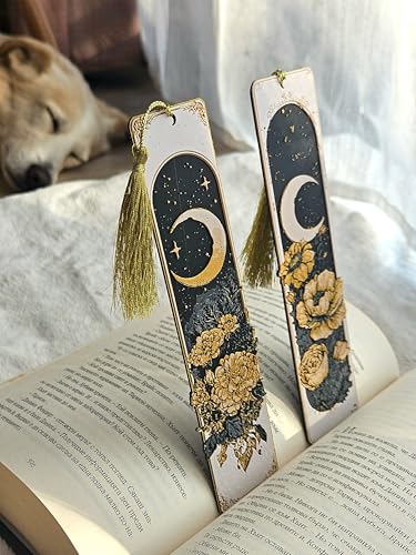 Image of 2 Pack MoonBloom Aesthetic Bookmark with Tassel | Crescent Moon & Floral Design | Page Markers for Books | Gift for Book Lovers, Readers, Girls | Durable Bioplastic