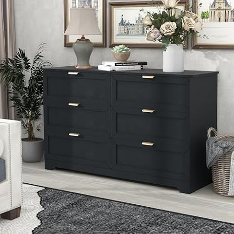 UYIHOME 6 Drawer Dresser for Bedroom, Modern Long Dresser Chest with Large Drawer, Wooden Chest of Dresser Storage Cabinet Organizer Unit for Living Room, Cloakroom, Entryway, Hallyway, Black Cover