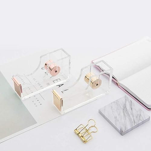 Miniatura 4 de Dispensador de cinta adhesiva de oro rosa, cuerpo acrílico transparente, soporte de cinta de escritorio de 1 pulgada, núcleo de metal de oro rosa