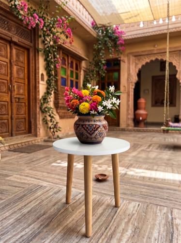 Image of Modern Round Side Table with 3 Wooden Legs, Minimalist End Table /Coffee Table for Living Room, Bedside Nightstand for Bedroom, Balcony & Small Spaces