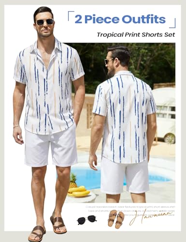 Image of Yimoon Men's Summer 2 Piece Outfits Tropical Print Short Sleeve Button Down Hawaiian Beach Shirt and Shorts Set