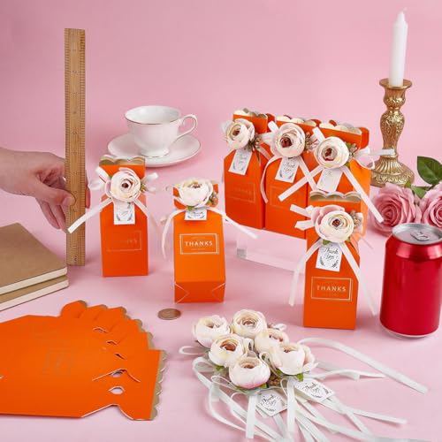 Boîtes à bonbons en forme de fleur 3D orange avec rubans pour déco de table mariage - 3