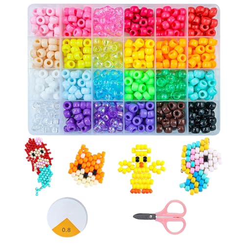 Pony Beads Kit, 24 Colors Kandi Pony Beads for Hair Braids, Rainbow Beads Plastic Bead for Craft, 6 x 9mm Large Pony Beads Set for Bracelets Making, Hair Beads