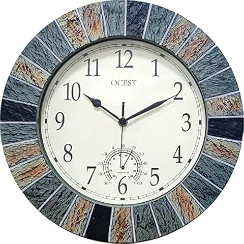 OCEST 13 Inch Garden Clocks, Large Outdoor Waterproof Indoor Retro Wall Clock Battery Operated Non Ticking Decorative Clocks with Thermometer for Kitchen Living Room Cover