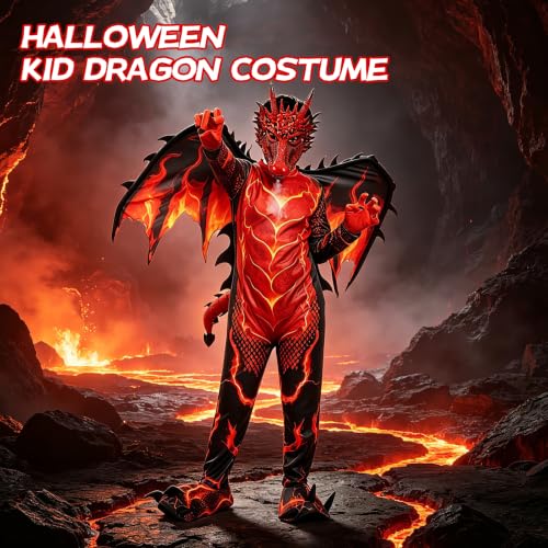 Kids Dragon Costume, Fire Dragon Halloween Costume with Mask, Wings & Tail - image 5