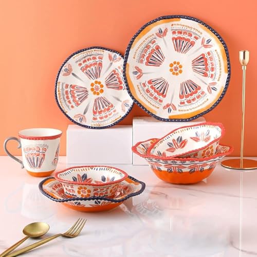 ?Ceramic Dinnerware Sets, 18 PCS Plates Set, Dishes Set, French Pearl Edge Tableware-Dessert Plates Soup Plates with Floral Design, Mug and Bowl Set for Wedding Gift,Orange