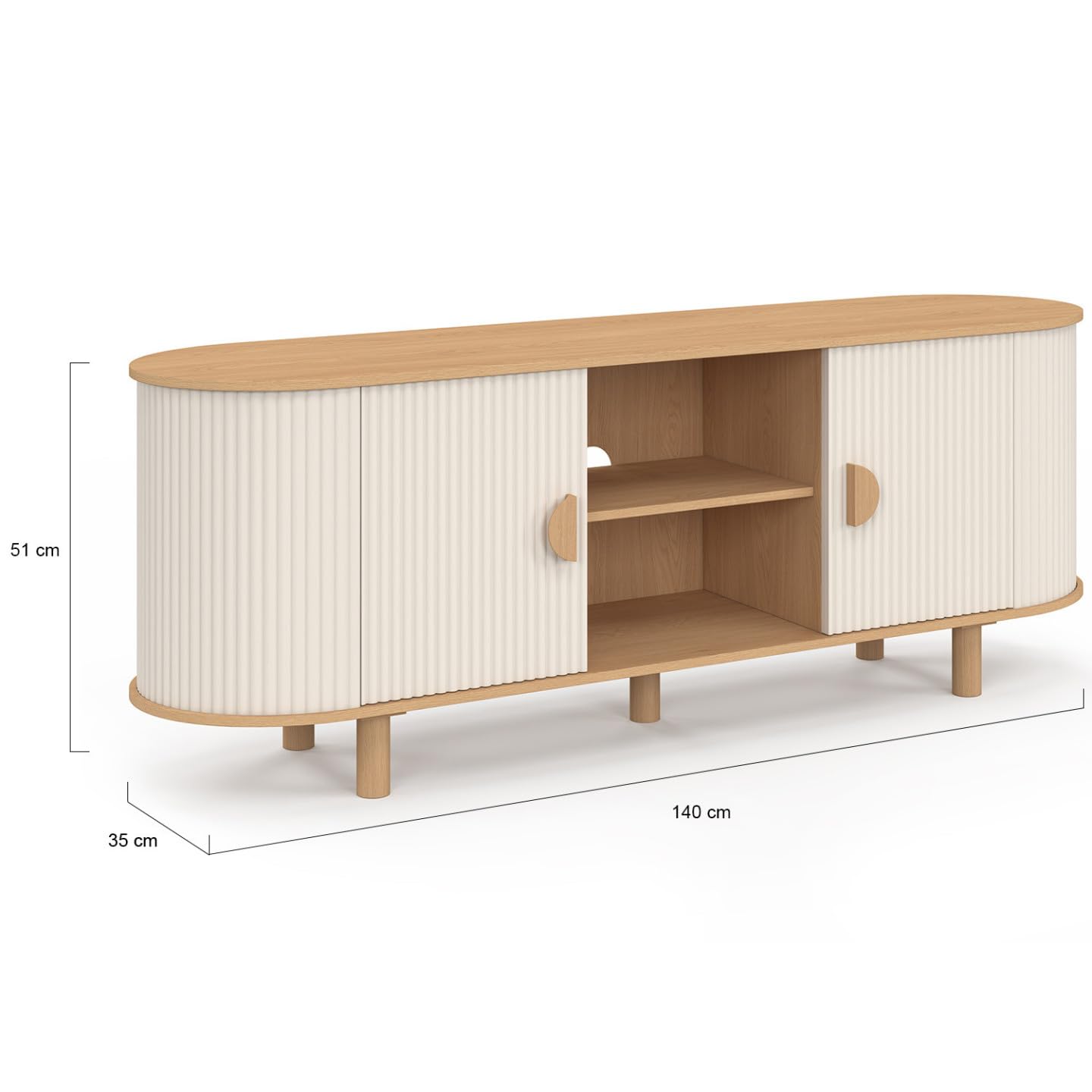 IDMarket - Meuble TV 140 cm KANEL 2 Portes Effet cannelé Beige et Bois