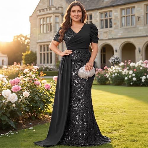 Image of Elegant Women's Formal Dress Wedding Guest Puff Sleeve Mermaid Ball Gowns Court Train Plus Size Sequin Long Dresses