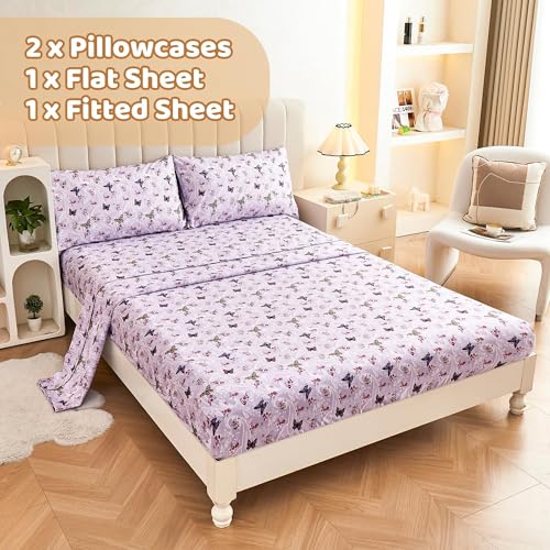 Image of Paisley Floral Bed Sheets Queen Set, Purple Flower Printed Sheets for Queen Size Bed, Microfiber Fitted Sheet with 15 inch Deep Pocket and Corner Straps, Butterfly Patterned Sheet & Pillowcase Sets