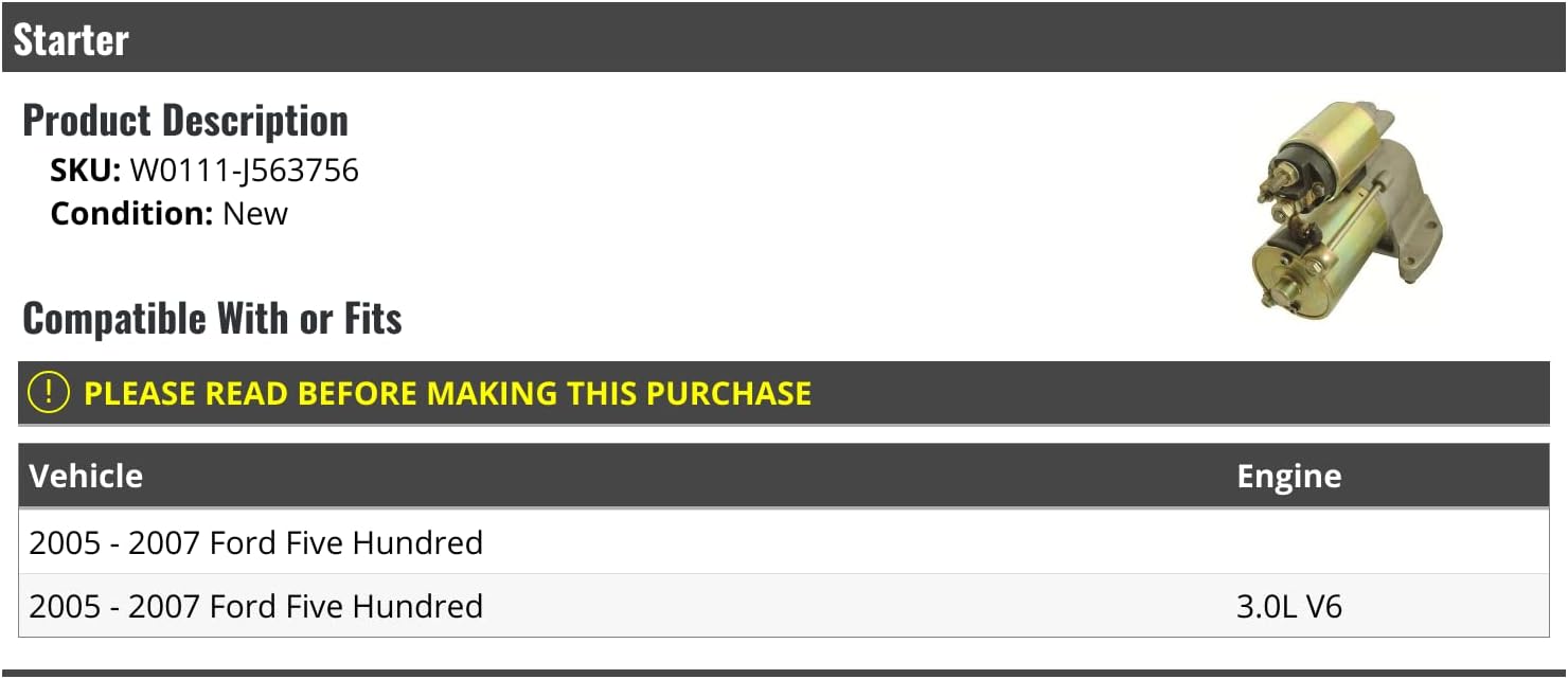 3 Volts Ford Five Hundred Starter Motor (2005-2007, 3.0L V6)
