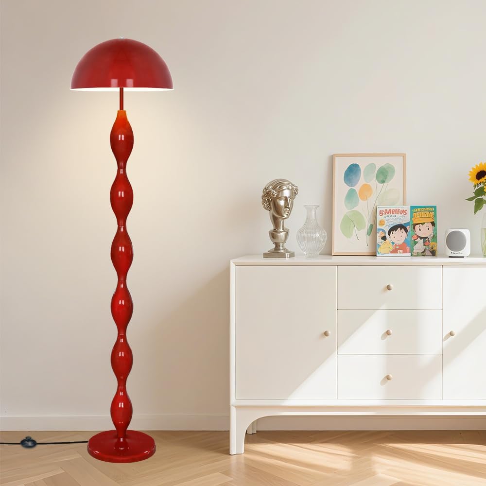 Unique Floor Lamp for Living Room,63" Creative Funky Red LED Mushroom Lamps,3 Colors Standing Light,Mid Century Modern Tall Floor Lamp with Iron Dome Shade for Bedroom,Office,Corner