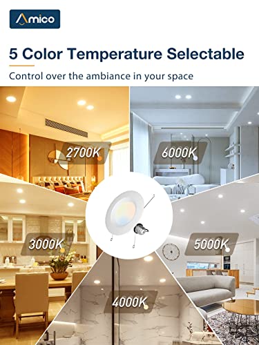 Amico 5/6 Inch 5Cct Led Recessed Lighting 1 Pack, 950Lm Can Lights With Baffle Trim, Dimmable, Ic & Damp Rated, 12.5W=100W, 2700K/3000K/4000K/5000K/6000K Selectable, Retrofit Installation #TOP2